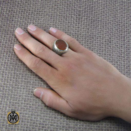 5 انگشتر عقیق یمن مردانه با حکاکی ذکر صلوات رکاب قلمزنی - کد 8103 - تصویر 5
