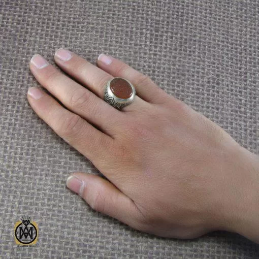 انگشتر عقیق یمن مردانه با حکاکی ذکر صلوات رکاب قلمزنی - کد 8103 - تصویر 5