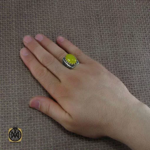 انگشتر عقیق زرد مردانه با حکاکی شرف الشمس - کد 8142 - تصویر 5
