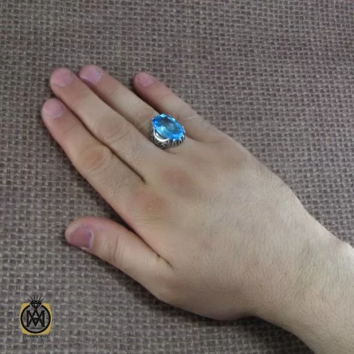 انگشتر توپاز آبی مردانه اصل معدنی و مرغوب - کد 8178 - تصویر 6