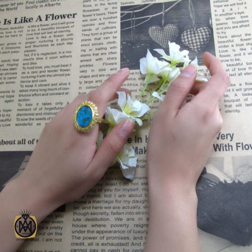 انگشتر فیروزه نیشابور و الماس اصل زنانه طرح دلدار - کد 2068 - تصویر 6