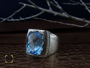 00 انگشتر توپاز آبی مردانه درشت و مرغوب رکاب دست ساز - کد 8543 - تصویر 6