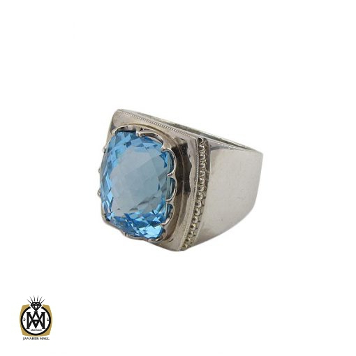 1 انگشتر توپاز آبی مردانه درشت و مرغوب رکاب دست ساز - کد 8543 - تصویر 1