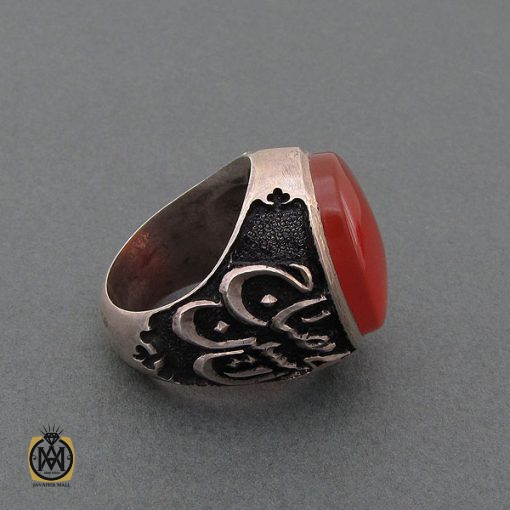 انگشتر عقیق یمن فاخر مردانه با رکاب قلم زنی اثر استاد هشتم - کد 8485 - تصویر 2