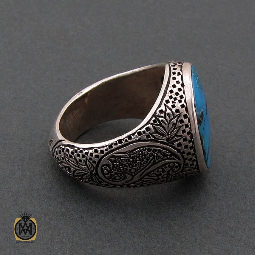 2 انگشتر فیروزه نیشابوری با کیفیت مردانه با رکاب قلم زنی - کد 8487 - تصویر 2