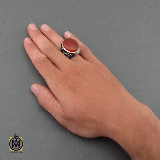 انگشتر عقیق یمن فاخر مردانه با رکاب قلم زنی اثر استاد هشتم - کد 8485 - تصویر 5