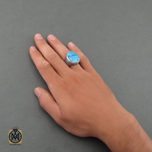 5 انگشتر فیروزه نیشابوری با کیفیت مردانه با رکاب قلم زنی - کد 8487 - تصویر 5
