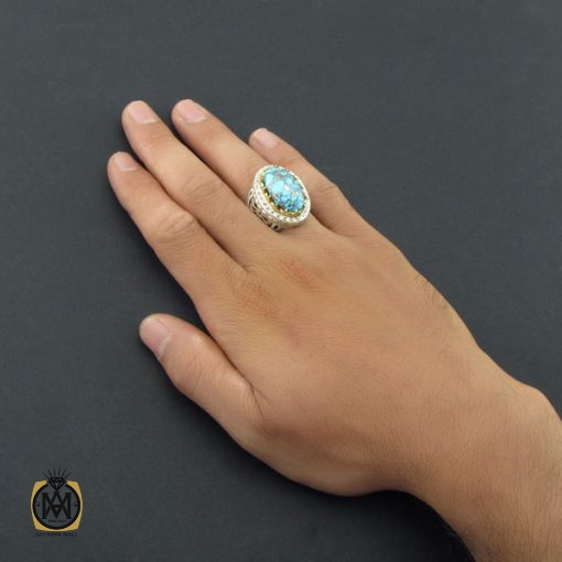 5 انگشتر فیروزه نیشابور سلطنتی مردانه با رکاب دست ساز - کد 8573 - تصویر 5