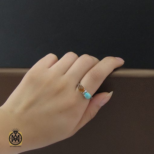 انگشتر فیروزه نیشابور  و عقیق یمن زنانه طرح نوگل - کد 2090 - تصویر 5