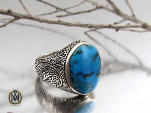 8487 انگشتر فیروزه نیشابوری با کیفیت مردانه با رکاب قلم زنی - کد 8487 - تصویر 6
