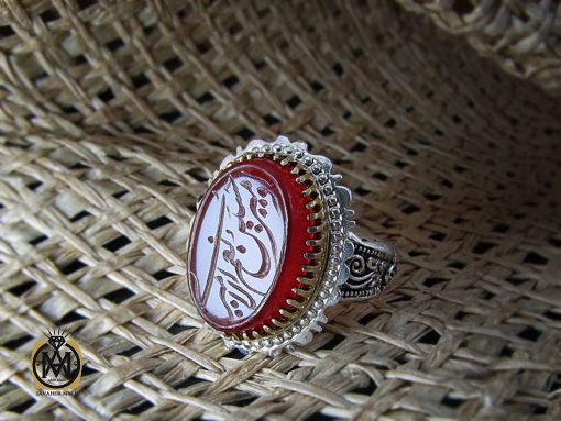 انگشتر عقیق قرمز مردانه با حکاکی امیری حسین و نعم الحسین - کد 8636 - تصویر 5