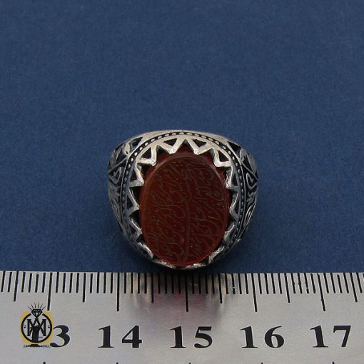 انگشتر عقیق قرمز مردانه با حکاکی ومن یتق الله - کد 8649 - تصویر 4