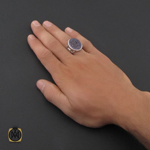 5 انگشتر عقیق یمن کبود با حکاکی یا اباعبدالله مردانه دست ساز – کد 8778 - تصویر 5