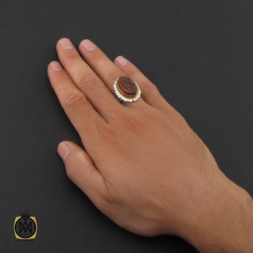 انگشتر عقیق قرمز مردانه با حکاکی امیری حسین و نعم الحسین - کد 8636 - تصویر 6