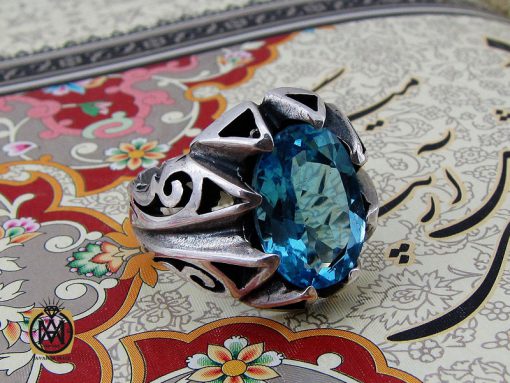 انگشتر توپاز آبی خوش رنگ مردانه - کد 10036 - تصویر 6