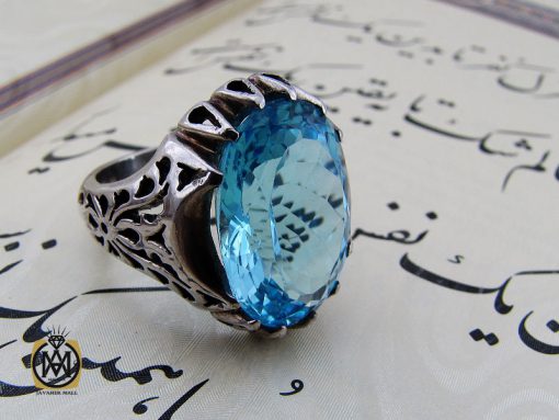انگشتر توپاز آبی مردانه درشت و خوش رنگ - کد 10038 - تصویر 6