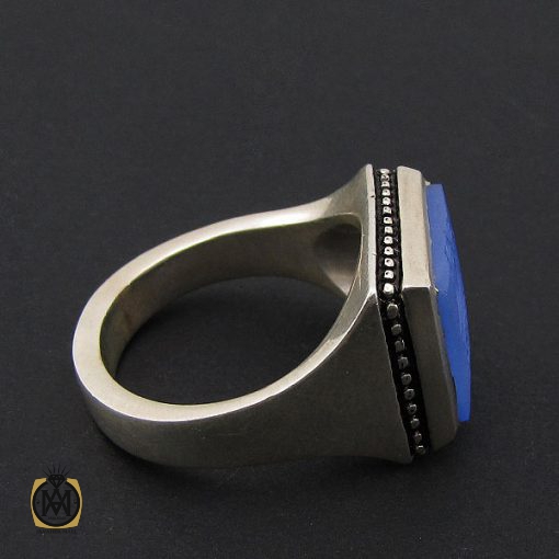 3 انگشتر عقیق آبی مردانه با حکاکی یا امیرالمومنین هنر دست استاد شرفیان– کد 8821 - تصویر 3