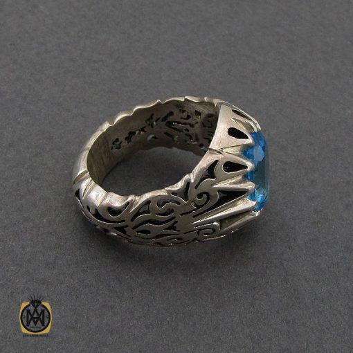 انگشتر توپاز آبی خوش رنگ مردانه دست ساز - کد 10037 - تصویر 3