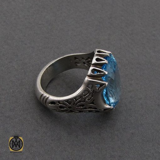 انگشتر توپاز آبی مردانه درشت و خوش رنگ - کد 10038 - تصویر 3
