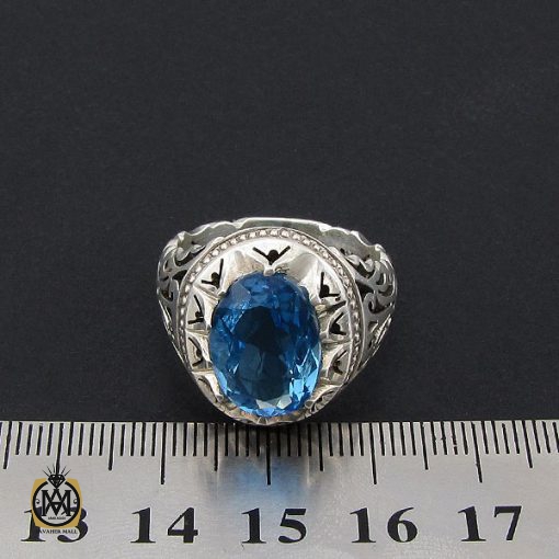 انگشتر توپاز آبی خوش رنگ  مردانه دست ساز - کد 8938 - تصویر 4