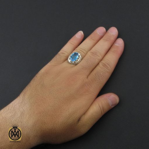 انگشتر توپاز آبی خوش رنگ  مردانه دست ساز - کد 8938 - تصویر 5