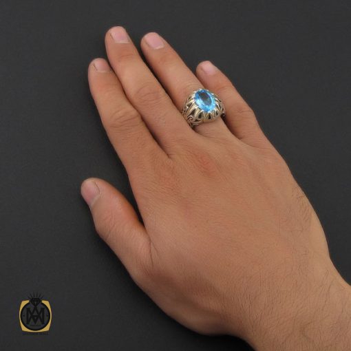 انگشتر توپاز آبی خوش رنگ مردانه دست ساز - کد 10037 - تصویر 5