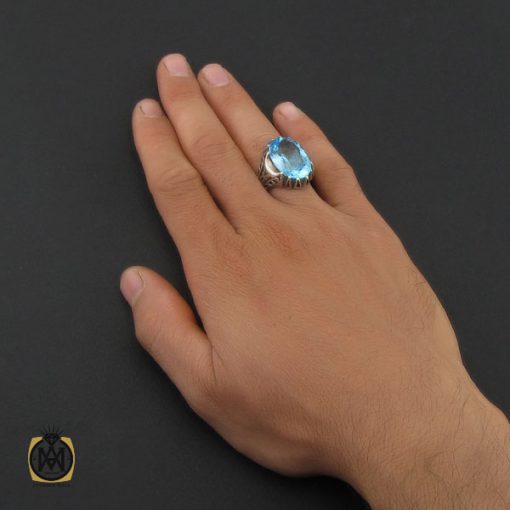 انگشتر توپاز آبی مردانه درشت و خوش رنگ - کد 10038 - تصویر 5