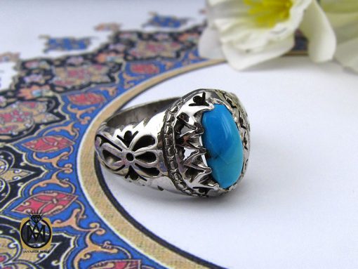 انگشتر فیروزه نیشابور خوش رنگ مردانه هنر دست استاد مغان - کد 10078 - تصویر 6