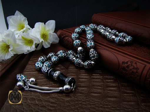 00 تسبیح 33 دانه یسر اکسترا، نقره و فیروزه مصری مرصع کاری فاخر و ارزشمند - کد 4175 - تصویر 6