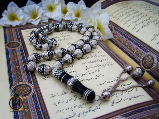 00 تسبیح 33 دانه یسر اکسترا، نقره و استخوان مرصع کاری کلکسیونی - کد 4177 - تصویر 6