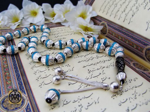 تسبیح 33 دانه یسر اکسترا، نقره و فیروزه مصری مرصع کاری زیبا و ارزشمند - کد 4178 - تصویر 6
