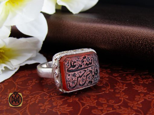 انگشتر عقیق یمن با حکاکی الله و پنج تن طرح صفوی دست ساز مردانه - کد 10128 - تصویر 6
