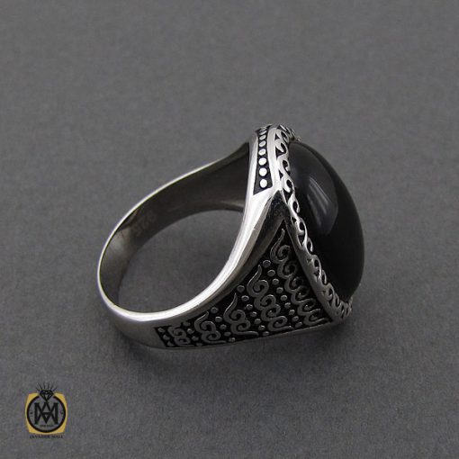 انگشتر عقیق مشکی با رکاب نقره مردانه - کد 10156 - تصویر 2