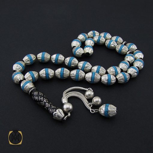 تسبیح 33 دانه یسر اکسترا، نقره و فیروزه مصری مرصع کاری زیبا و ارزشمند - کد 4178 - تصویر 3