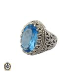 انگشتر توپاز آبی درشت و فاخر مردانه دست ساز - کد 10327