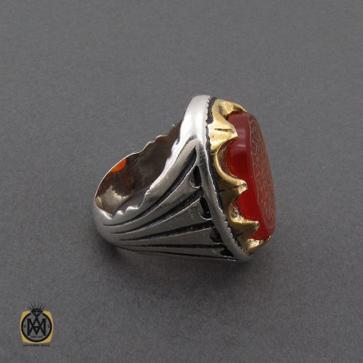 انگشتر عقیق با حکاکی ماشاءالله لا قوه الا بالله ان ترن انا اقل منک مالا و ولدا مردانه - کد 10338 - تصویر 2