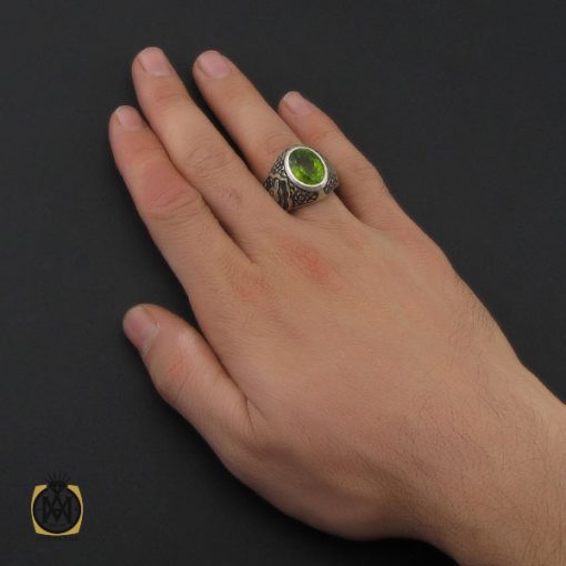 انگشتر فاخر زبرجد مردانه قلمزنی دست ساز- کد 10249 - تصویر 5