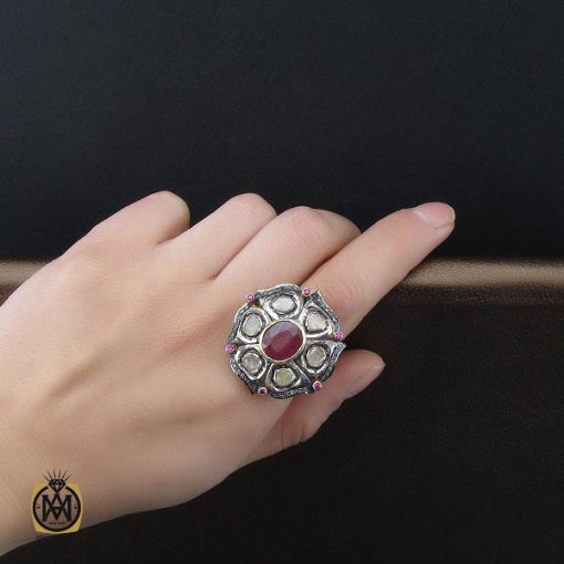 انگشتر الماس اصل و یاقوت سرخ طرح خوشین زنانه - کد 2183 - تصویر 5