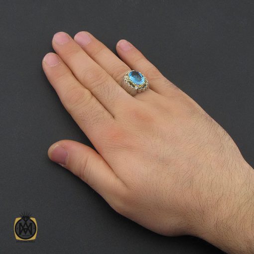 5 انگشتر توپاز آبی خوش رنگ مردانه هنر دست استاد باقرزاده - کد 10416 - تصویر 5