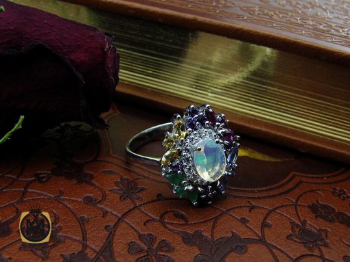 انگشتر چشم گربه، تانزانایت، آمتیست و یاقوت سرخ سیترین، و زمرد طرح جوانه زنانه - کد 2278 - تصویر 6